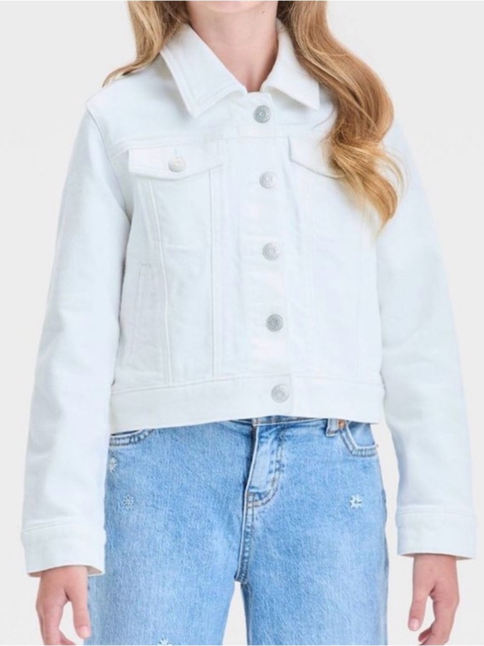 ✅ 5 for $25 - Girls' White Denim Jacket - Classic Snap Front Size 7/8